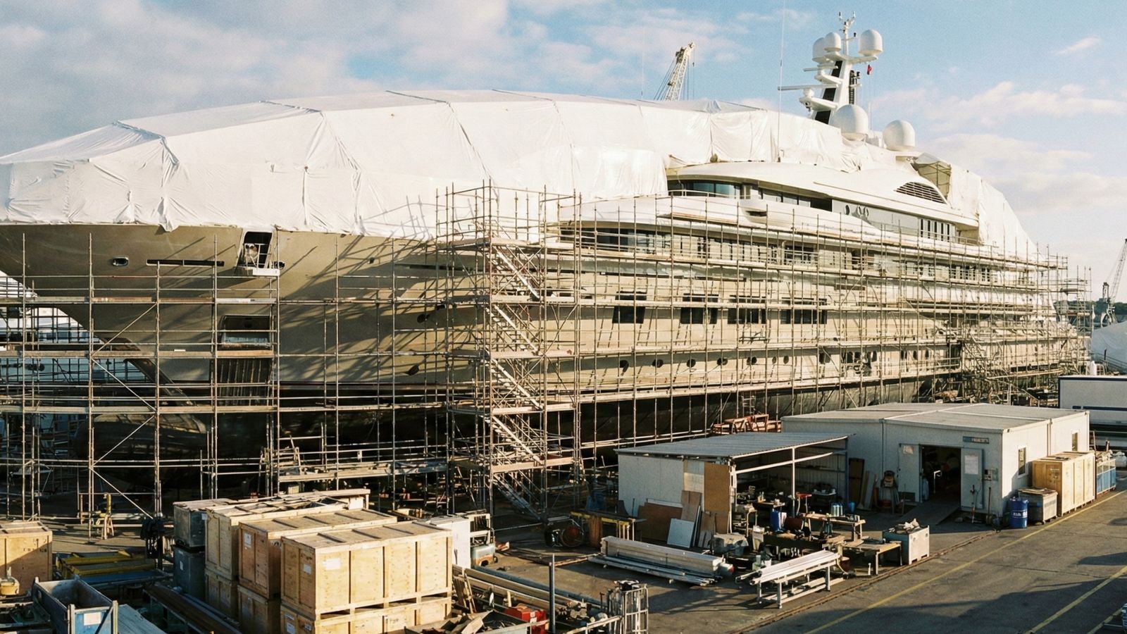 Large luxury yacht under protective cover in drydock for comprehensive refit and maintenance services