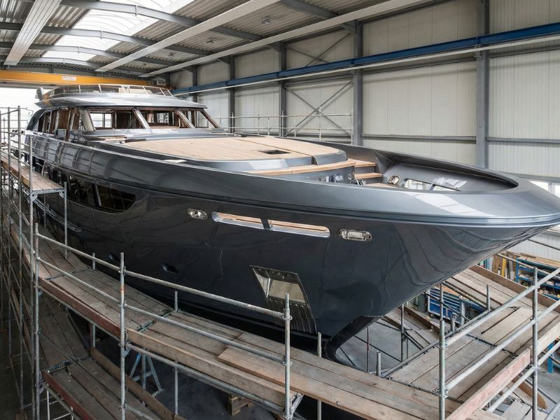 Custom superyacht new build in progress inside shipyard hall, featuring advanced hull work and teak decking on elevated supports