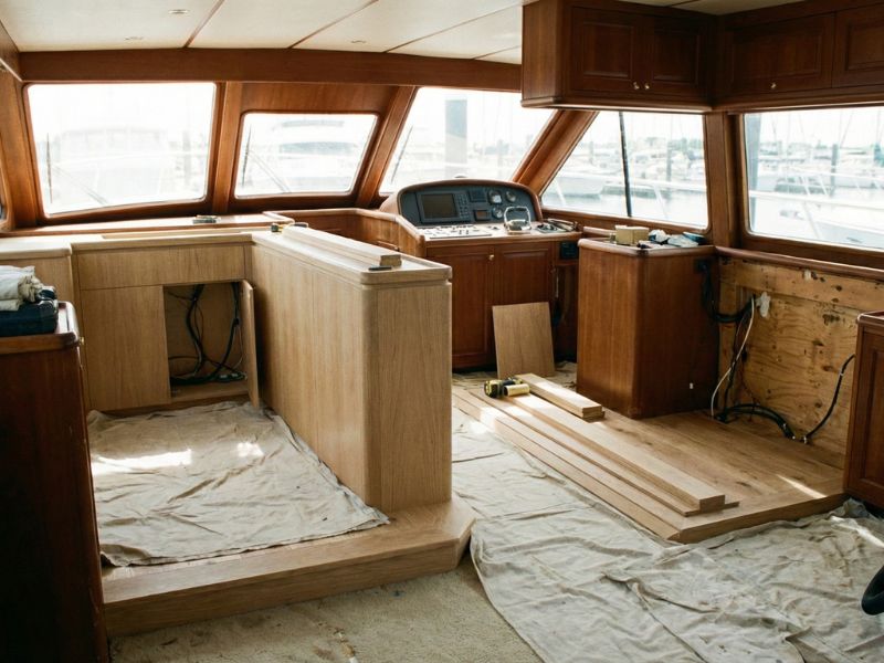 Yacht interior refit in progress: custom wooden helm station and cabin refurbishment with new joinery, wiring updates, and premium materials in workshop