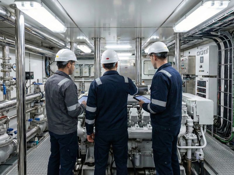 Professional yacht survey team conducting engine room inspection: marine engineers with tablets assessing systems, pipes, and electrical during superyacht condition survey